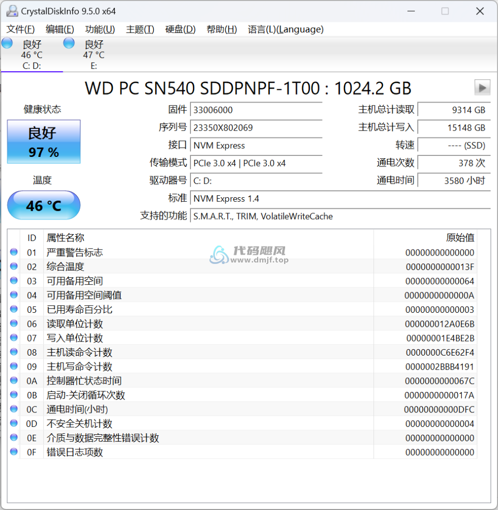图片[1]-Crystal Disk Info(硬盘检测工具) v9.5.0 绿色版&美化版-代码飓风