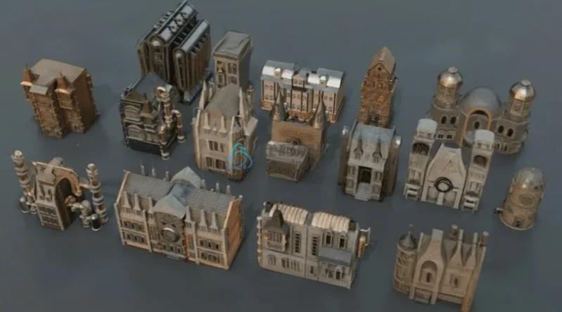 Blender蒸汽朋克风格建筑3D模型！含15 个建筑 Kitbash + 配件-代码飓风