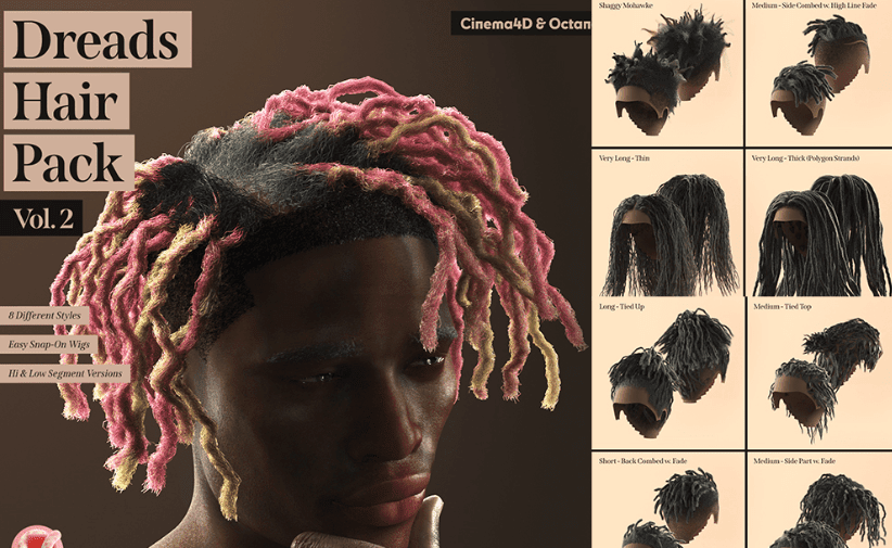 8款真实质感黑人脏辫模型！说唱嘻哈人物发型C4D模型套装Dreads Hair Pack for Cinema4d-代码飓风